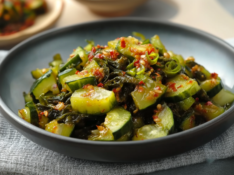 Eine graue Schüssel mit Gurkenkimchi. Sie steht auf einem grauen Tuch. Rechts daneben liegen zwei Essstäbchen. Im Hintergrund steht eine Schale mit weiterem Gurkenkimchi.