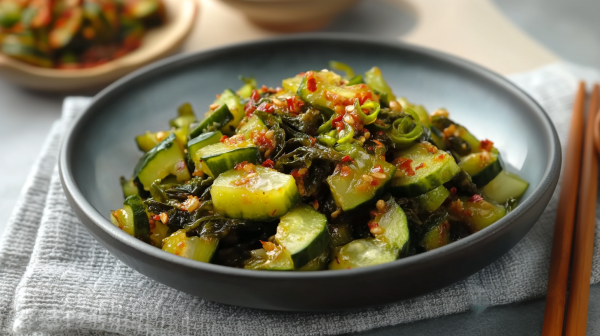 Eine graue Schüssel mit Gurkenkimchi. Sie steht auf einem grauen Tuch. Rechts daneben liegen zwei Essstäbchen. Im Hintergrund steht eine Schale mit weiterem Gurkenkimchi.