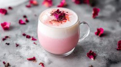 Eine Glastasse mit Hibiskus Latte, der mit Milchschaum getoppt und mit getrockneten Hibiskusblüten dekoriert. Die Glastasse steht auf einer grauen Arbeitsfläche. Um den Hibiskus Latte liegen auch Blüten verstreut.