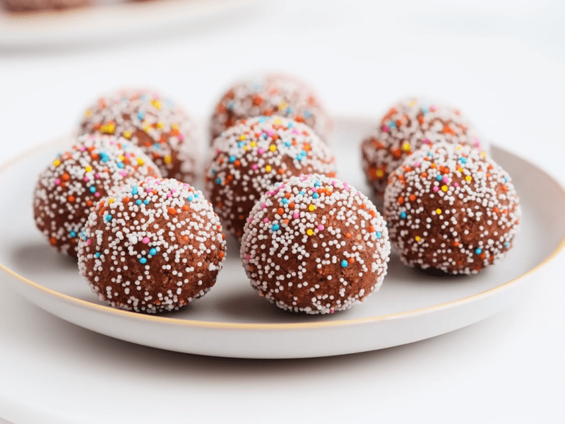 Acht Karnevalskugeln liegen auf einem weißen Teller. Sie sind mit bunten Zuckerstreuseln dekoriert.