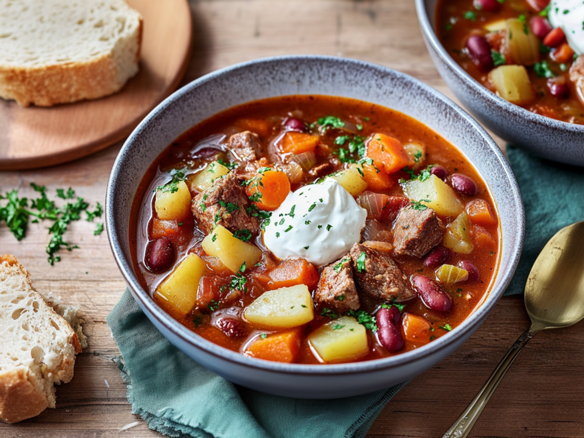 Eine Schüssel voll Karnevalssuppe, die unter anderem Gulasch, Karotten, Kartoffeln, Sauerkraut und Kidneybohnen enthält. Sie ist mit einem Klecks Creme fraiche getoppt und mit frischen gehackten Kräutern garniert. Hinter der Schüssel ist eine weitere Schüssel mit Karnevalssuppe zu sehen. Links daneben liegen zwei Scheiben Weißbrot.