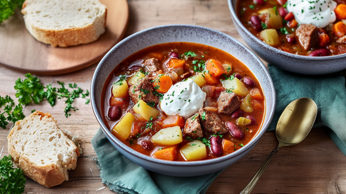 Eine Schüssel voll Karnevalssuppe, die unter anderem Gulasch, Karotten, Kartoffeln, Sauerkraut und Kidneybohnen enthält. Sie ist mit einem Klecks Creme fraiche getoppt und mit frischen gehackten Kräutern garniert. Hinter der Schüssel ist eine weitere Schüssel mit Karnevalssuppe zu sehen. Links daneben liegen zwei Scheiben Weißbrot.