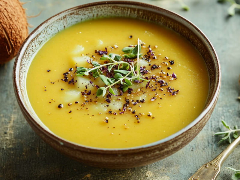 Kartoffel-Kokos-Suppe in einer braunen Schale auf einem grauen Tisch. Sie ist mit Gewürzen und Sprossen garniert. Links neben ihr liegt eine Kokosnuss. Rechts neben ihr liegt ein Löffel, sowie weitere Sprossen.