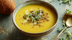 Kartoffel-Kokos-Suppe in einer braunen Schale auf einem grauen Tisch. Sie ist mit Gewürzen und Sprossen garniert. Links neben ihr liegt eine Kokosnuss. Rechts neben ihr liegt ein Löffel, sowie weitere Sprossen.