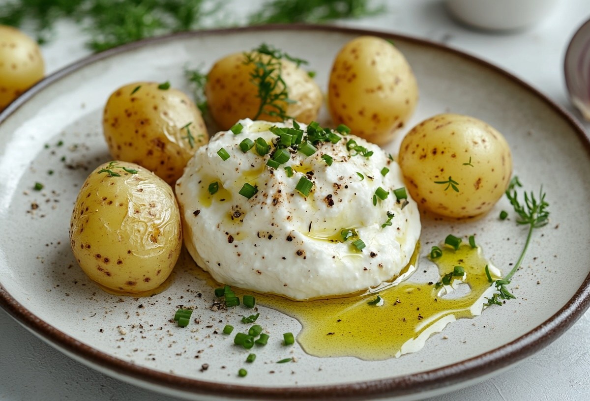 Ein Teller Kartoffeln mit Quark und Leinöl, im Hintergrund ein paar Kartoffeln.