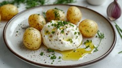 Ein Teller Kartoffeln mit Quark und Leinöl, im Hintergrund ein paar Kartoffeln.