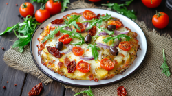 Ein Teller mit einer Kartoffelpizza vom Blech, die mit frischen Tomaten, kleinen Stücken getrockneter Tomate, Oliven und roten Zwiebeln belegt ist. Der Boden der Kartoffelpizza besteht aus flach gedrückten, gekochten Kartoffeln. Der Teller steht auf einem Telleruntersetzer aus Sackstoff. Ringsum liegen frische Tomaten, getrocknete Tomaten und Rucola verstreut.