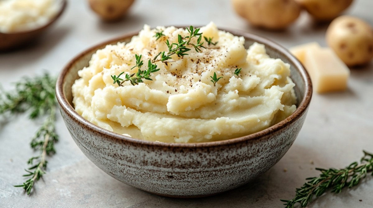 Eine Schüssel Kartoffelpüree mit Parmesan, garniert mit Pfeffer und Kräutern, im Hintergrund unscharf Kartoffeln und Parmesanstücke.