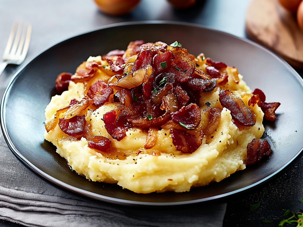 Ein schwarzer Teller mit einer großen Portion Kartoffelstampf mit karamellisierten Zwiebeln und Speck. Das Ganze ist mit klein gehackten Kräutern garniert. Links neben dem Teller liegt eine Gabel. Der Teller steht auf einem Tischuntersetzer aus Stoff. Rechts neben dem Teller liegen Kräuterzweige. Im Hintergrund liegt ein Holzbrett, auf dem rote Zwiebeln liegen.