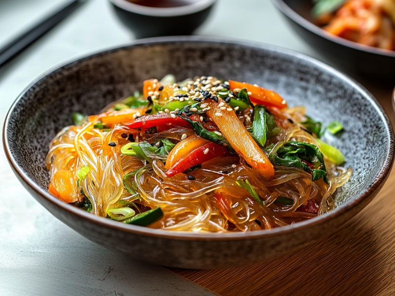 Koreanischer Glasnudelsalat in einer schwarzen Schale. Er ist mit Karotten und Paprikastreifen sowie Sesamkörnern angerichtet. Rechts daneben und im Hintergrund stehen weitere Schalen mit dem Salat. Links im Hintergrund liegen zwei Essstäbchen.