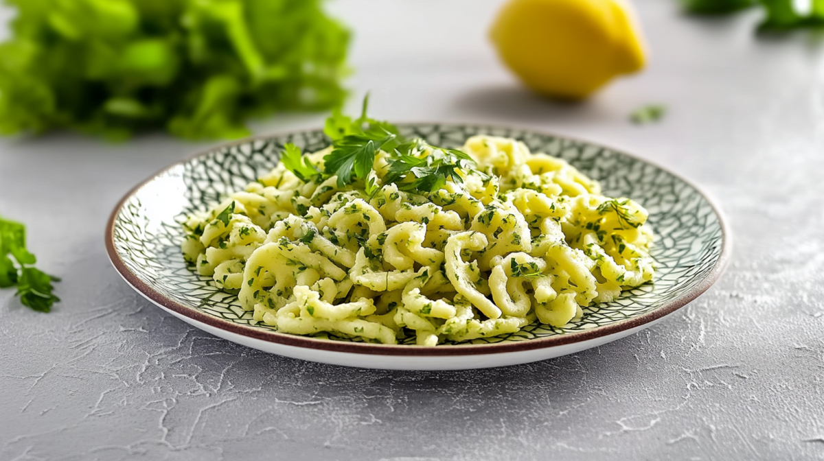 Ein Teller mit einer Portion Kräuterspätzle, die mit frischer Petersilie garniert sind. Im Hintergrund liegt eine Zitrone und ein Bund frischer Kräuter.