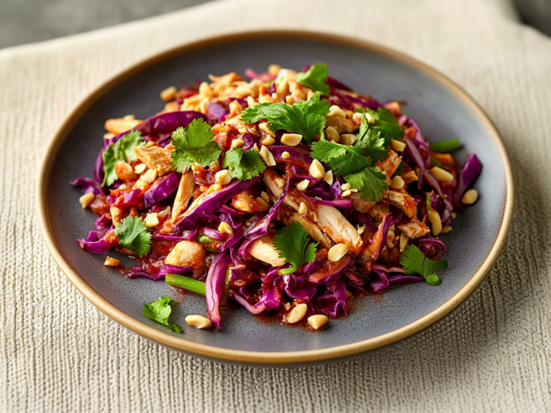 Ein Teller Krautsalat mit Hähnchen garniert mit gehackten Erdnüssen und frischem Koriander. Der Teller steht auf einem cremefarbenem Tischuntersetzer.