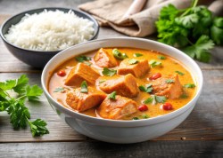 Schale mit Lachs-Curry und Reis daneben