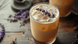 Ein Glas London Fog Cocktail, dekoriert mit Lavendel.