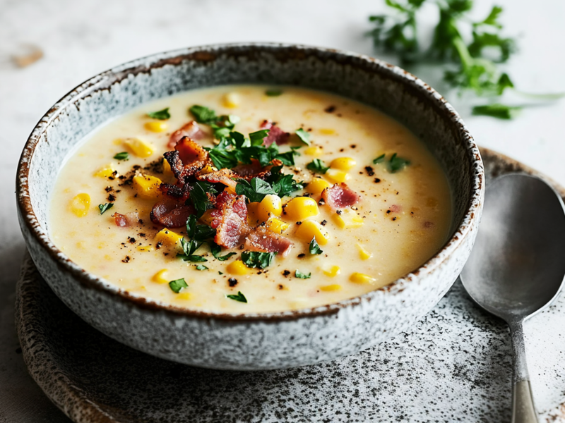 Eine hellgraue Keramikschüssel mit einer Portion Maissuppe, die mit gebratenem Speck und frischer Petersilie garniert ist. Die Suppenschüssel steht auf einem Teller und rechts neben der Schüssel auf dem Teller liegt ein Löffel. Im Hintergrund ist ein wenig frische Petersilie zu erkennen.