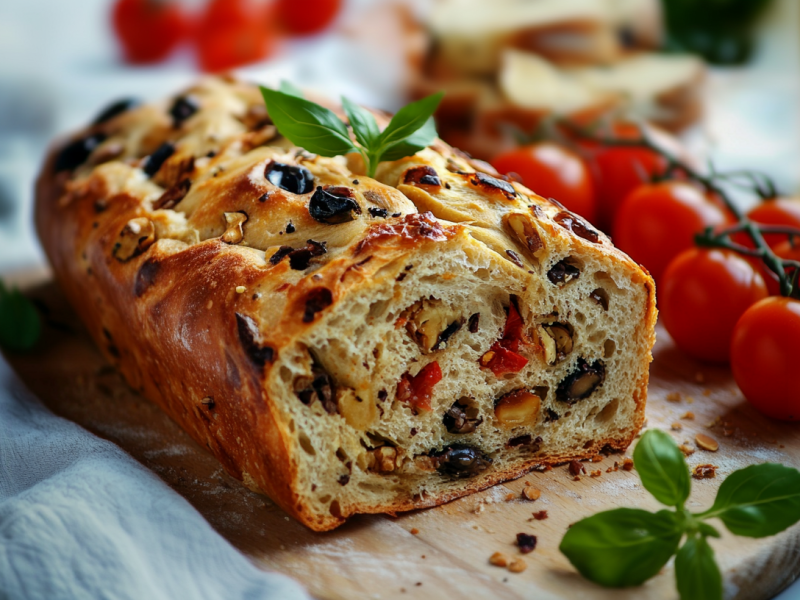 Ein mediterranes Olivenbrot liegt angeschnitten auf einem Holzbrett. Vor und auf dem Brot liegt frischer Basilikum. Neben dem Brot liegen einige Tomaten. Im Hintergrund sieht man weitere Tomaten, Brot und einen Behälter mit Öl.