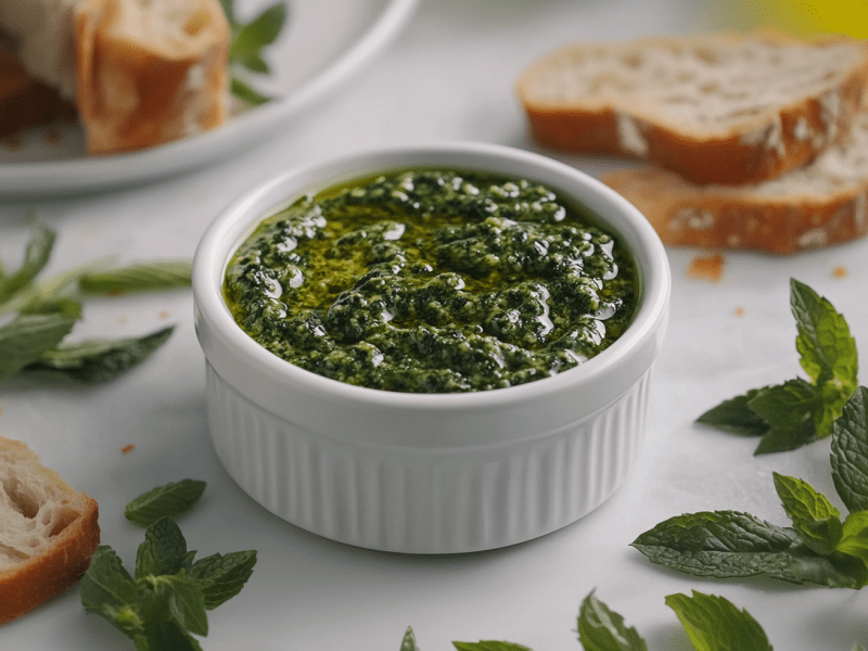 Eine kleine Schale mit MInz-Pesto steht auf einem weißen Tisch. Um die Schale herum liegen Minzblätter und Brotstücke verteilt