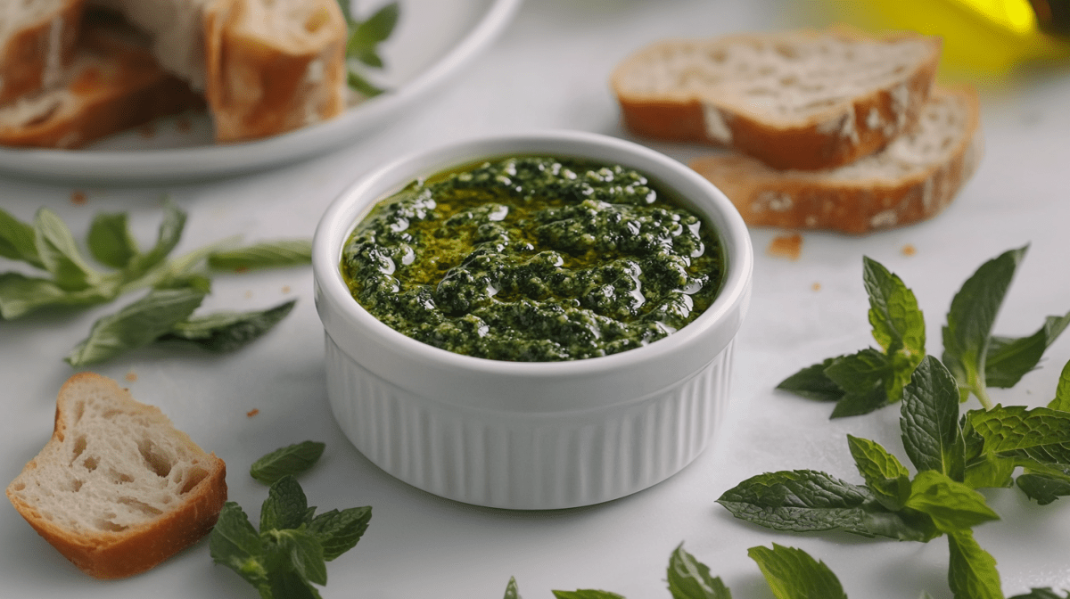 Eine kleine Schale mit MInz-Pesto steht auf einem weißen Tisch. Um die Schale herum liegen Minzblätter und Brotstücke verteilt