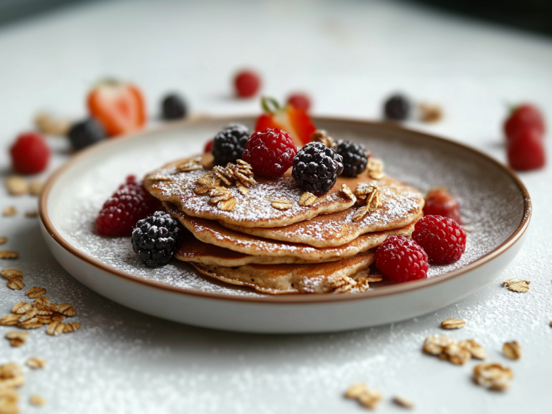 Müsli-Pancakes liegen aufeinandergesapelt auf einem weißen Teller. Sie sind mit Beeren und Puderzucker bestreut. Um den Teller herum liegt Müsli sowie weitere Beeren verteilt.