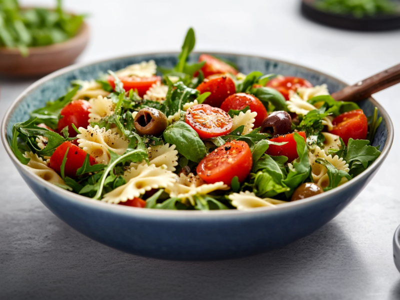 Eine blaue Schüssel mit Nudel-Bohnensalat steht auf einem grauen Tisch. In dem Salat sind Farfalle, Oliven, Tomaten, Rucola und Basilikumblätter klar zu erkennen. Rechts neben der Schale steht ein Schälchen mit Gewürzen sowie eine Flasche mit Öl. Im Hintergrund sieht man eine Tomate sowie eine Schale mit frischem Rucola.