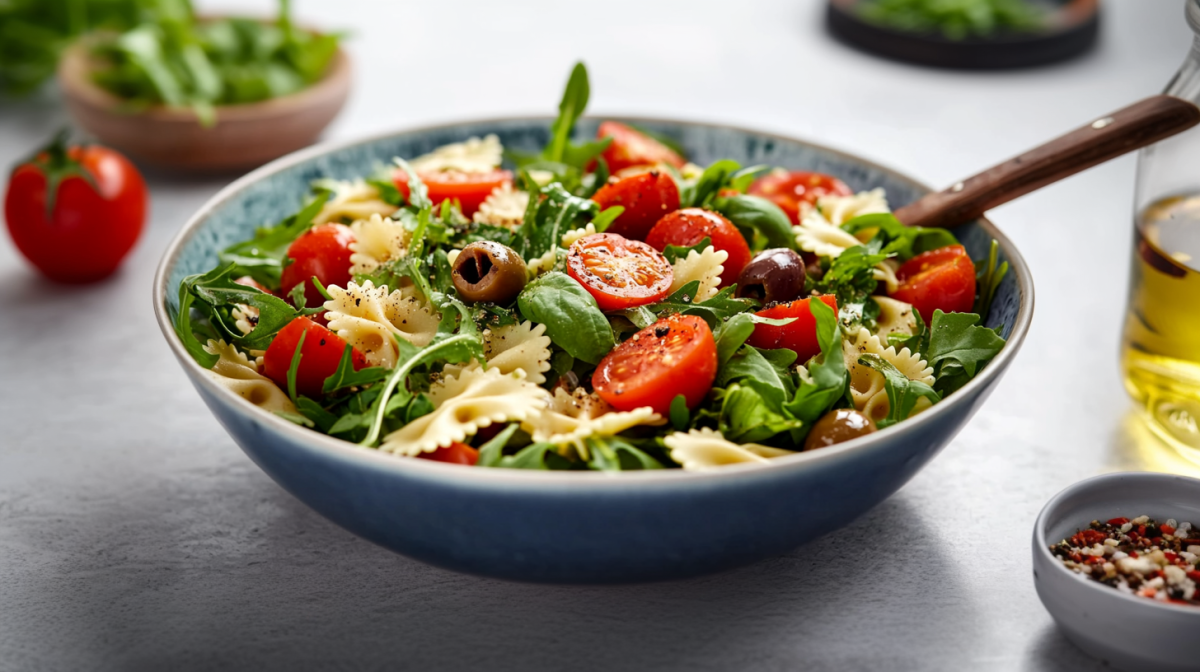 Eine blaue Schüssel mit Nudel-Bohnensalat steht auf einem grauen Tisch. In dem Salat sind Farfalle, Oliven, Tomaten, Rucola und Basilikumblätter klar zu erkennen. Rechts neben der Schale steht ein Schälchen mit Gewürzen sowie eine Flasche mit Öl. Im Hintergrund sieht man eine Tomate sowie eine Schale mit frischem Rucola.