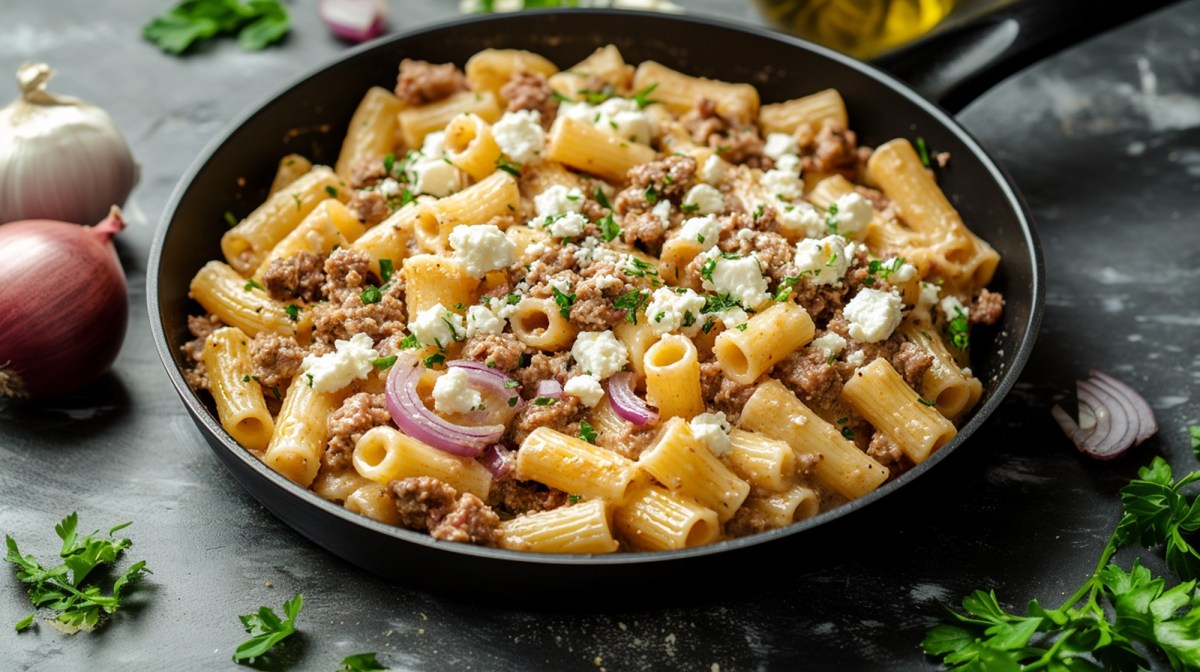 Nudel-Hackfleisch-Pfanne mit Feta auf einem Tisch