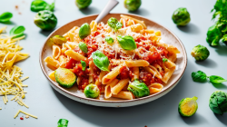 Ein Teller Nudeln mit Rosenkohl und Salsa-Soße garniert mit Reibekäse, drumherum Nudeln und Rosenkohlköpfe.