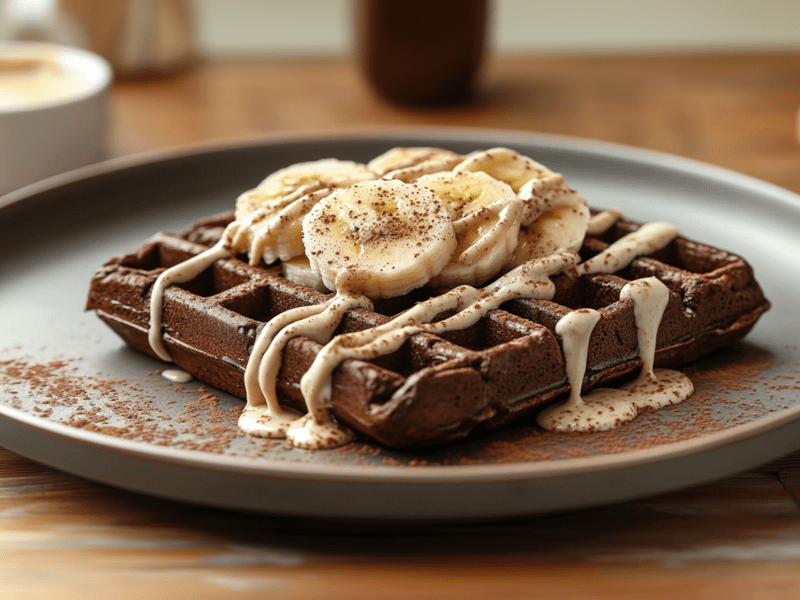 Ein Teller mit einer Portion Nutella-Bananen-Waffeln, die mit einigen Scheiben frischer Banane getoppt sind. Außerdem ist etwas weißes Mandelmus darüber geträufelt und das Ganze mit Zimt bestäubt. Der Teller steht auf einem Holztisch. Im Hintergrund sind verschwommen weitere Behältnisse und Küchenutensilien zu erkennen.