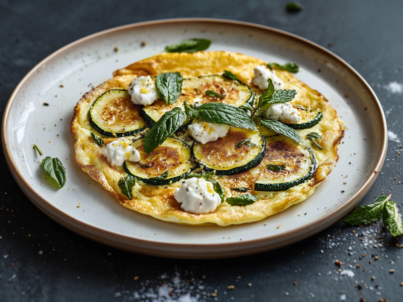 Ein Teller, auf dem ein Omelett mit Zucchini und Ziegenkäse liegt, das mit einigen Blättern frischer Minze und etwas Zitronenabrieb garniert ist. Der Teller steht auf einem dunklen Untergrund. Ringsum liegt Salz, Pfeffer und andere Gewürze verstreut. Außerdem liegen ein paar einzelne Kräuterblätter herum.