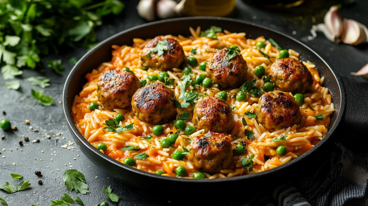 Orzo-Erbsen-Pfanne mit Hackbällchen