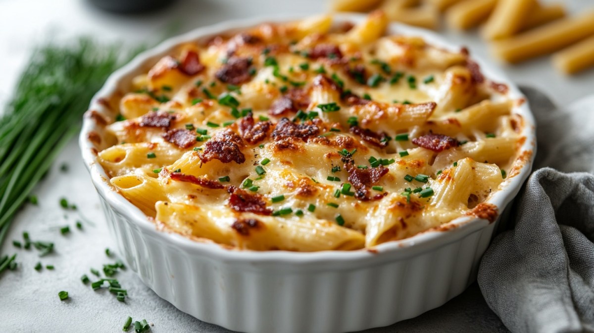 Ein Pasta-Carbonara-Auflauf in runder Auflaufform, drumherum Nudeln und Schnittlauch.