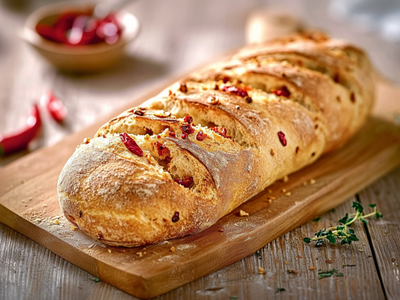 Ein selbst gebackenes Peperoni-Baguette auf einem Holzbrett. Um das Holzbrett herum liegen frische Kräuter und einzelne rote Peperoni. Im Hintergrund kann man eine kleine Schale erkennen, in der sich auch rote Peperoni und Chilischoten befinden.