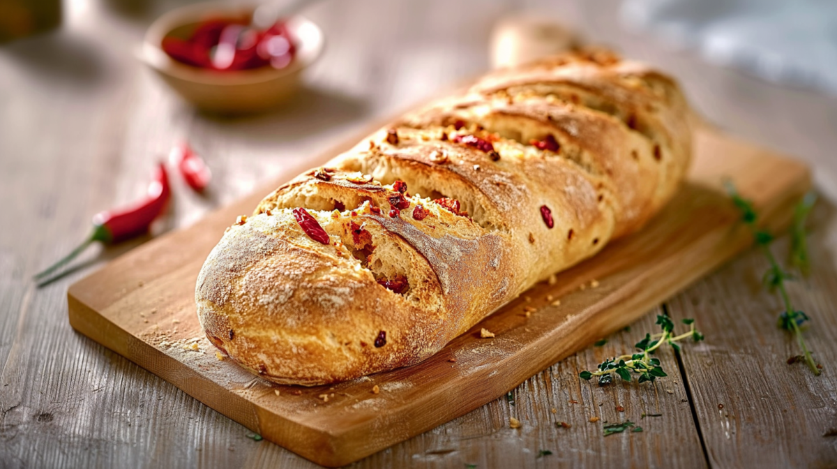 Ein selbst gebackenes Peperoni-Baguette auf einem Holzbrett. Um das Holzbrett herum liegen frische Kräuter und einzelne rote Peperoni. Im Hintergrund kann man eine kleine Schale erkennen, in der sich auch rote Peperoni und Chilischoten befinden.