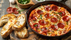 Pfanne mit Peperoni-Pizza-Dip und geröstetem Brot daneben