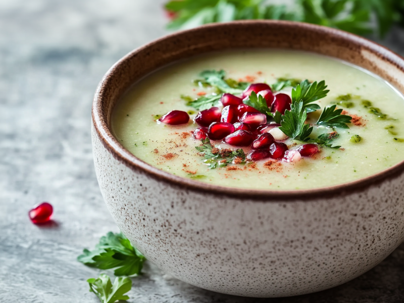 Eine Schüssel Pertersilienwurzelsuppe mit Grantapfelkernen.