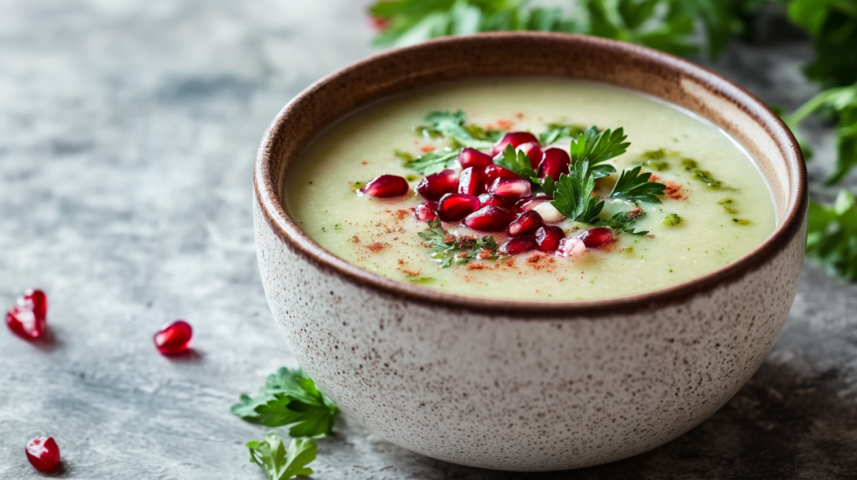 Eine Schüssel Pertersilienwurzelsuppe mit Grantapfelkernen.