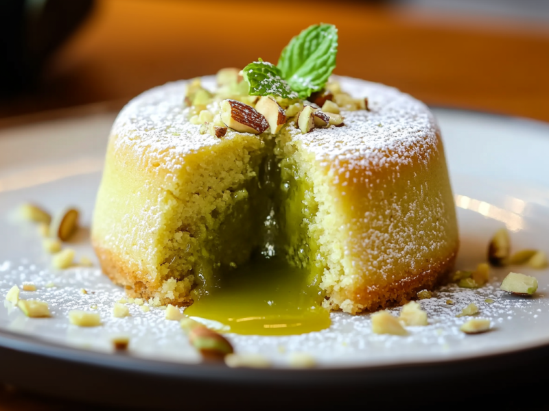 Ein Pistazien-Lavacake auf einem grauen Teller. Er ist angeschnitten und gibt die Sicht auf den flüssigen Kern frei. Der Kuchen ist mit gehackten Pistazien, einem Minzblatt und Puderzucker dekoriert.