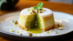 Ein Pistazien-Lavacake auf einem grauen Teller. Er ist angeschnitten und gibt die Sicht auf den flüssigen Kern frei. Der Kuchen ist mit gehackten Pistazien, einem Minzblatt und Puderzucker dekoriert.