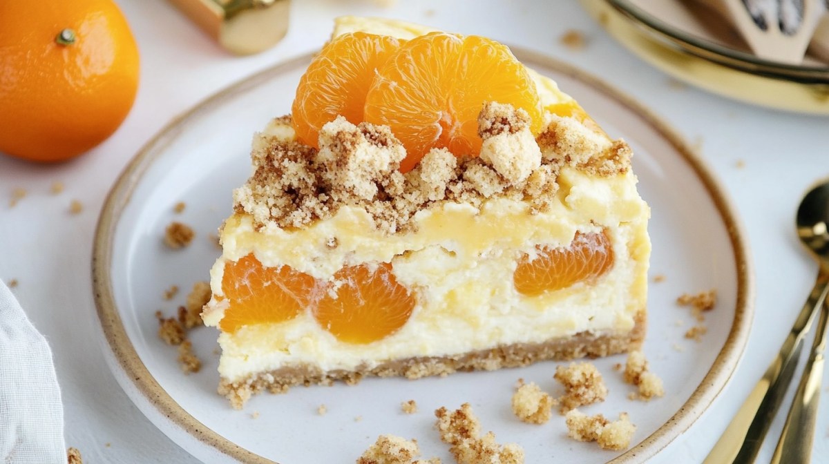 Ein Stück Pudding-Quark-Kuchen mit Streuseln und Mandarinen auf einem Teller. Nahaufnahme.