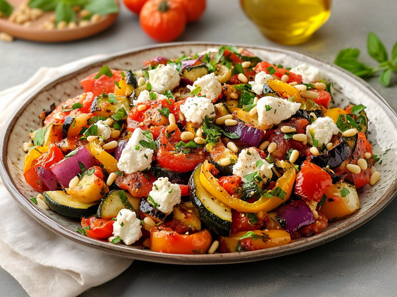 Ein großer Teller voll Ratatouille-Salat mit Ziegenfrischkäse und gerösteten Pinienkernen. Der Teller steht auf einer weißen Stoffserviette auf einer grauen Arbeitsfläche. Im Hintergrund kann man angedeutet ein Glasgefäß mit Öl erkennen. Außerdem liegen ein paar Tomaten und frische Basilikum herum. Zusätzlich ist eine kleine Holzschale zu erkennen, auf der auch Basilikum und Pinienkerne liegen.