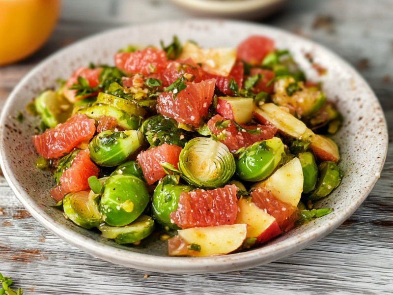 Fruchtiger Rosenkohlsalat in einer hellgrauen Schüssel. Er besteht aus Rosenkohl, Grapefruitstückchen und Apfelstücken. Die Schüssel steht auf einem Holztisch. Im Hintergrund liegen noch einige Grapefruits.