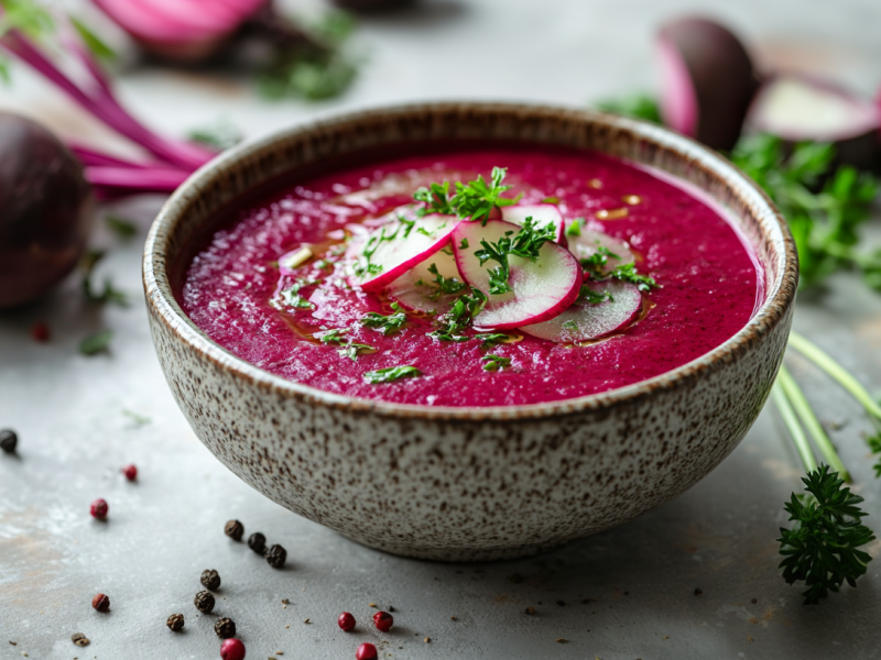 Eine Schüssel mti Rote-Bete-Meerrettichsuppe steht auf einem grauen Untergrund. Die Suppe ist mit Radieschen und Kräutern garniert. Um die Schale herum liegen frische Kräuter, Pfefferkörner und Rote Bete verteilt.