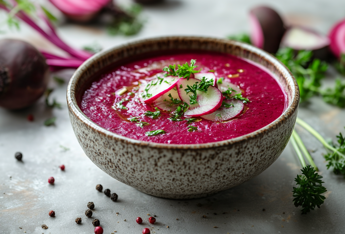 Eine Schüssel mti Rote-Bete-Meerrettichsuppe steht auf einem grauen Untergrund. Die Suppe ist mit Radieschen und Kräutern garniert. Um die Schale herum liegen frische Kräuter, Pfefferkörner und Rote Bete verteilt.