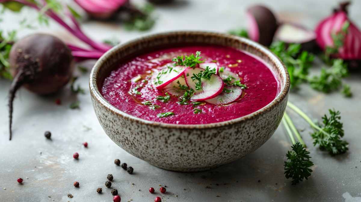 Eine Schüssel mti Rote-Bete-Meerrettichsuppe steht auf einem grauen Untergrund. Die Suppe ist mit Radieschen und Kräutern garniert. Um die Schale herum liegen frische Kräuter, Pfefferkörner und Rote Bete verteilt.