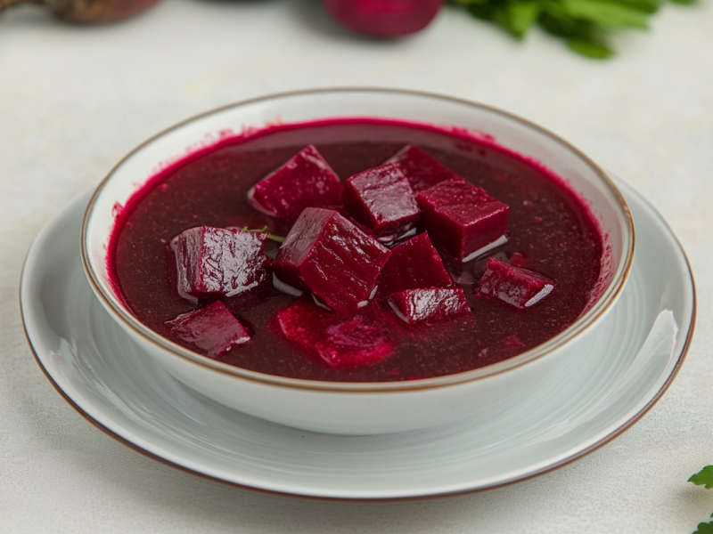 Eine Schüssel mit polnischer Roter-Bete-Suppe steht auf einem Unterteller auf einem weißen Tisch. In der Rote-Bete-Suppe befinden sich Rote-Bete-Würfel. Am Rand des Bildes sieht man einige frische Kräuter liegen, sowie hinten links eine ungeschälte rote Bete.