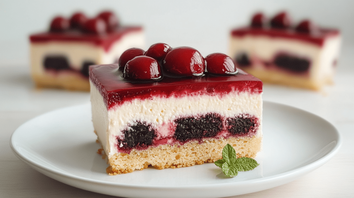 Ein Stück Rotkäppchenkuchen vom Blech steht im Vordergrund. Er ist mit einem Minzblatt dekoriert. Im Hintergrund stehen zwei weitere Stücke Rotkäppchenkuchen vom Blech.