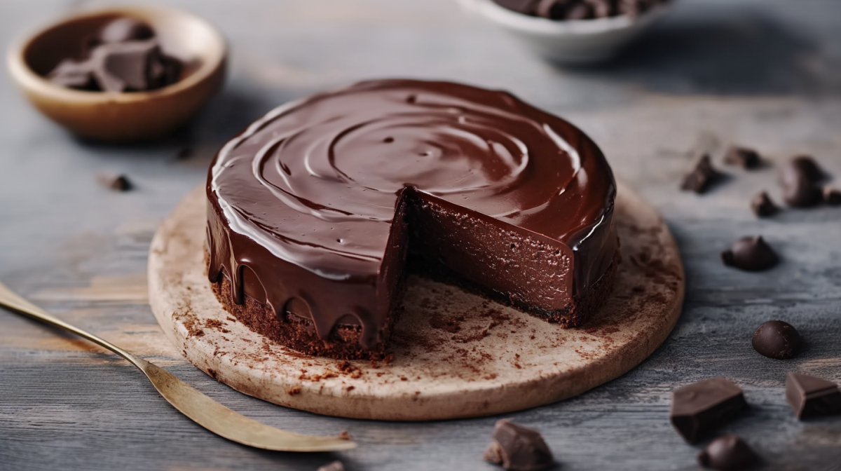 Ein angeschnittener Sacher-Cheesecake auf einem runden Holzbrett. Links neben dem Brett liegt ein goldenes Messer. Vor und neben dem Brett liegen noch große Schokostücke. Im Hintergrund sieht man Schalen mit weiteren Schokostücken.