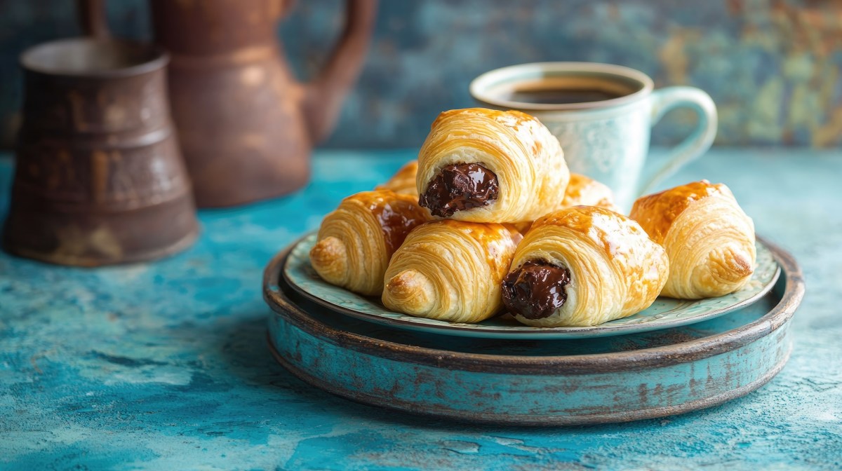 mit Schokocreme gefüllte Croissants auf einem Teller.