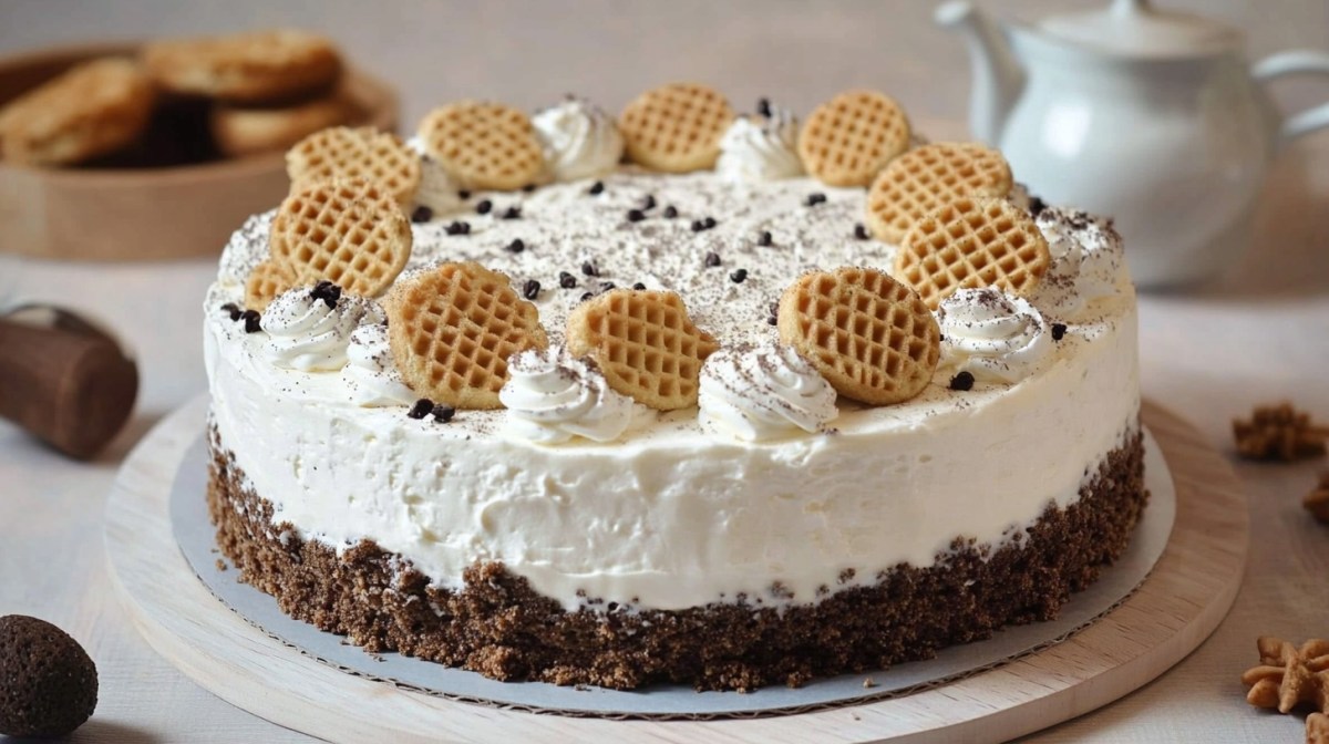 a cake with stracciatella cream, garnished with small round Dutch waffles. around the cake are a few baking items. frontal view, light background, zoom out, https://s.mj.run/TUrV1M6rOQ0