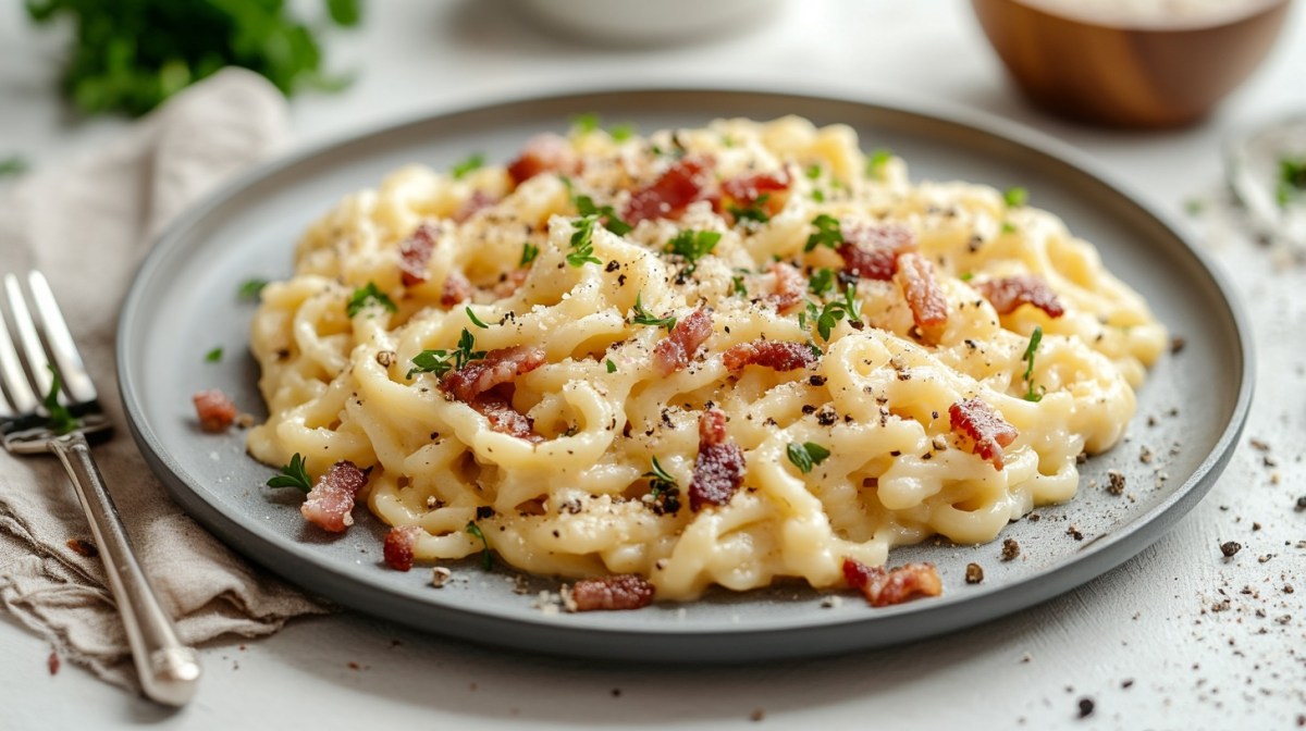 Ein Teller Spätzle Carbonara, daneben eine Gabel.